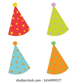Party hat. Set of multicolored hat. Birthday hat. Icon. White background. Vector illustration. EPS 10.