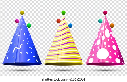 Party hat set on transparent background. Birthday. Vector fun decoration. Colorful surprise costume.