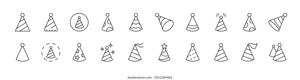 Party Hat Set of Thin Icons. Editable Stroke. Suitable for Web Sites, Books, Cards, Apps 