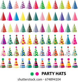 Party Hat Set. Vector Icon Set, Isolated, Birthday Party, Celebration, Bright, Festive Party 