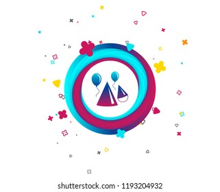 Party hat sign icon. Birthday celebration symbol. Air balloon with rope. Colorful button with party icon. Geometric elements. Vector