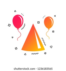 Party hat sign icon. Birthday celebration symbol. Air balloon with rope. Colorful geometric shapes. Gradient party hat icon design.  Vector