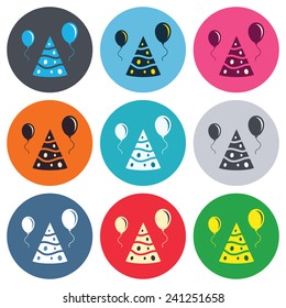 Party hat sign icon. Birthday celebration symbol. Air balloon with rope. Colored round buttons. Flat design circle icons set. Vector