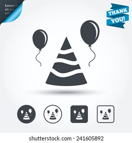 Party hat sign icon. Birthday celebration symbol. Air balloon with rope. Circle and square buttons. Flat design set. Thank you ribbon. Vector