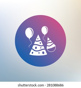 Party hat sign icon. Birthday celebration symbol. Air balloon with rope. Icon on blurred background. Vector
