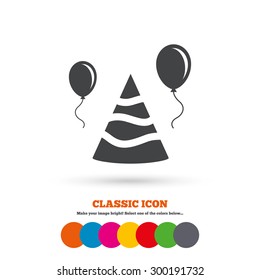 Party hat sign icon. Birthday celebration symbol. Air balloon with rope. Classic flat icon. Colored circles. Vector