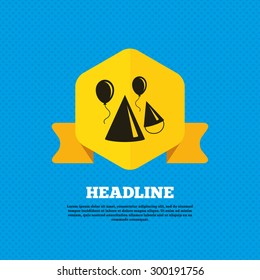 Party hat sign icon. Birthday celebration symbol. Air balloon with rope. Yellow label tag. Circles seamless pattern on back. Vector