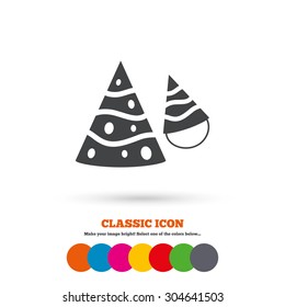 Party hat sign icon. Birthday celebration symbol. Classic flat icon. Colored circles. Vector