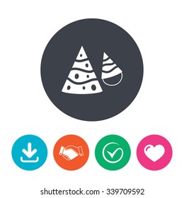 Party hat sign icon. Birthday celebration symbol. Download arrow, handshake, tick and heart. Flat circle buttons.