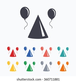 Party hat sign icon. Birthday celebration symbol. Air balloon with rope. Colored flat icons on white background.