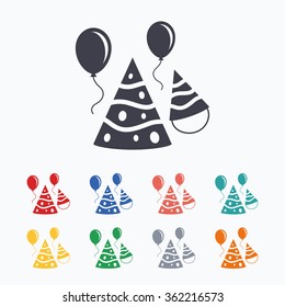 Party hat sign icon. Birthday celebration symbol. Air balloon with rope. Colored flat icons on white background.