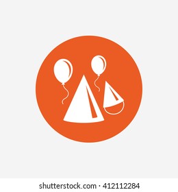 Party hat sign icon. Birthday celebration symbol. Air balloon with rope. Orange circle button with icon. Vector