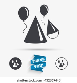 Party hat sign icon. Birthday celebration symbol. Air balloon with rope. Flat icons. Buttons with icons. Thank you ribbon. Vector