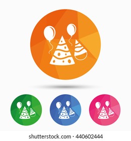 Party hat sign icon. Birthday celebration symbol. Air balloon with rope. Triangular low poly button with flat icon. Vector