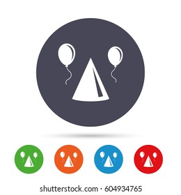 Party hat sign icon. Birthday celebration symbol. Air balloon with rope. Round colourful buttons with flat icons. Vector