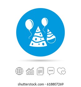 Party hat sign icon. Birthday celebration symbol. Air balloon with rope. Copy files, chat speech bubble and chart web icons. Vector