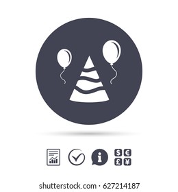 Party hat sign icon. Birthday celebration symbol. Air balloon with rope. Report document, information and check tick icons. Currency exchange. Vector