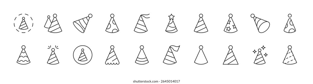 Coleção De Ícones De Linha Isolados Simples De Party Hat. Traço editável. Adequado para sites, livros, cartões, aplicativos 