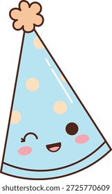 Party hat with smiling face, wink eye, round dots, and pompom drawn in bold outline. Celebrates joy, birthday fun, and festive mood with charming character. Cartoon vector illustration.