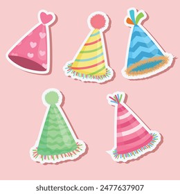 Party hat sticker vector. Birthday hat sticker. Birthday element. Flat vector in cartoon style isolated on pink background.