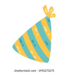 Party hat with stripes. Accessory symbol of the birthday. Holiday cap. Vector objects isolated on white background. Flat design.