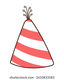 Party hat with stripes pattern hand drawn illustration, isolated vector on transparent. Line drawing design. Birthday celebration, festival, carnival, party, anniversary clip art, element