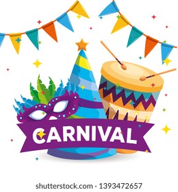 party hat with traditional mask with feathers and drum
