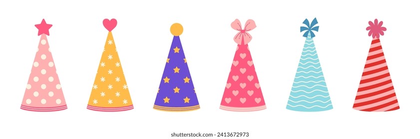 Fijar el conjunto de iconos vectoriales. Coloridas gorras para cumpleaños, festival, carnaval, evento. Cones con puntos de polka, rayas, estrellas, corazones. Dirección de papel para los niños. Clipart plano para las vacaciones, aislado en blanco