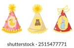 Party hat vintage set. Birthday hat vector clipart. Cartoon retro hand drawn illustration. 50s, 40s style. Cute birthday cone caps in bright colors with pompon. Festive paper caps collection.