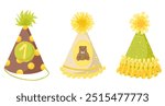 Party hat vintage set. Birthday hat vector clipart. Cartoon retro hand drawn illustration. 50s, 60s style. Cute birthday cone caps in bright colors with pompon. Festive paper caps collection.