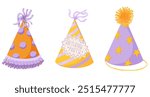 Party hat vintage set. Birthday hat vector clipart. Cartoon retro hand drawn illustration. 60s, 70s style. Cute birthday cone caps in bright colors with pompon. Festive paper caps collection.