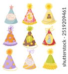 Party hat vintage set. Birthday hat vector clipart. Cartoon retro hand drawn illustration. 50s, 60s style. Cute birthday cone caps in bright colors with pompon. Festive paper caps collection.