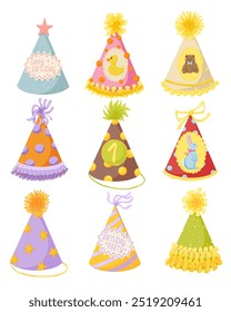 Conjunto vintage de sombrero de fiesta. Sombrero de cumpleaños Vector Clipart. Ilustración dibujada a mano retro de dibujos animados. Años 50, años 60. Lindos gorros de cono de cumpleaños en colores brillantes con pompón. Tapas de papel festivo colección.