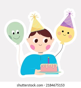 Party Hat Wearing Cute Boy Cartoon Holding Burning Candle Cake With Hat Wearing Balloons Sticker.