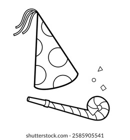 Party hat and whistle. Birthday. Simple outline vector illustration, isolated on white background.
