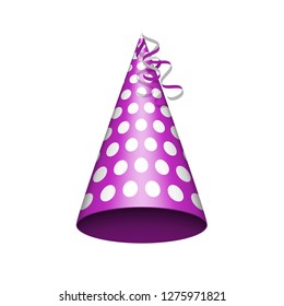 Party hat with white circles. Accessory, symbol of the holiday. Birthday Colorful Cap vector illustration. EPS 10.