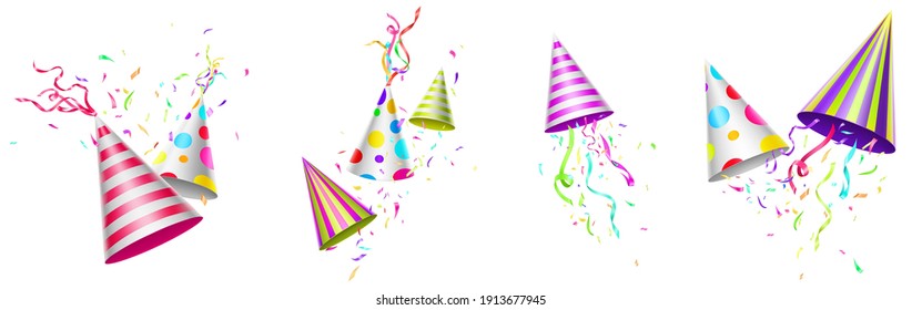 Party hats, birthday caps with colorful ribbons and confetti. Funny headwear for anniversary celebration, festive decoration isolated on white background, Realistic 3d vector illustration, icons set