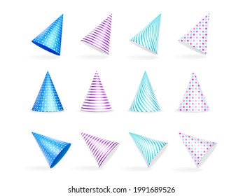 Party Hats, Birthday Colorful Caps With Stripes And Polka Dots Pattern, Carton Cones For Bday Or Anniversary Celebration Realistic 3d Vector Illustration, Icons Set Isolated On White Background