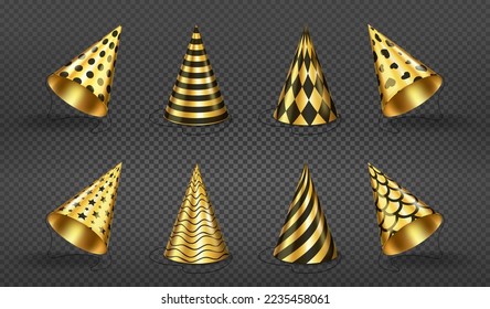 Party hats, birthday gold and black colored caps with stripes, polka dots, stars, waves, spiral, hearts, scales or harlequin rhombus pattern. Carton cones for celebration Realistic 3d vector icons set