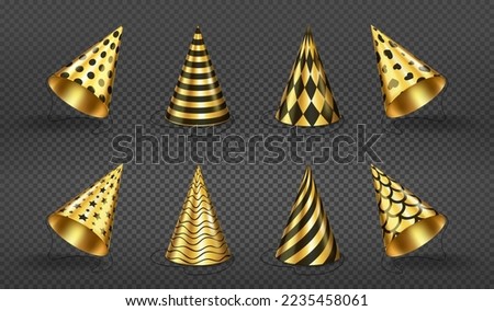 Party hats, birthday gold and black colored caps with stripes, polka dots, stars, waves, spiral, hearts, scales or harlequin rhombus pattern. Carton cones for celebration Realistic 3d vector icons set