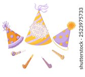 Party hats and party blowers set. Birthday hat vector clipart. Cartoon retro hand drawn illustration. 50s, 60s. Cute birthday cone caps in bright colors with pompon. Festive paper caps collection