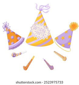 Partyhüte und Partygebläse. Geburtstag Hut Vektor Clipart. Cartoon Retro handgezeichnete Illustration. 50er, 60er. Süße Geburtstagskappen in hellen Farben mit Pompon. Festliche Papierkappen-Kollektion