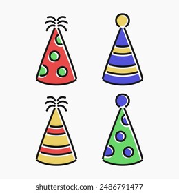 Party hats cartoon flat line art. Illustrations of party hats set, perfect for needs related to new year, celebrations, holidays, birthdays and more.