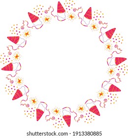 Party hats, confetti, streamers, and stars wreath vector illustration. Embellishment for cards, invitations, tags, labels, and posters. Great for birthdays and festivals. Copy space for text inside.