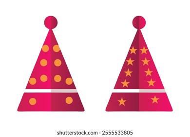 Party hats, conical shape, bright pink, fuchsia, orange polka dots, yellow stars, geometric design, festive, celebration, birthday.