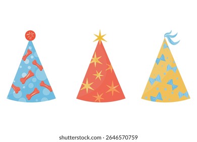 Party hats for dogs icon vector set. Party hats on a white background. Hand drawn cone hats, stars, dog bone, bows.