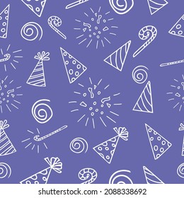 party hats, fireworks, whistles seamless pattern hand drawn in doodle. color of the year 2022