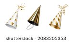 Party hats with gold and black stripes, dots and stars for birthday celebration. Realistic set of funny cone head caps with golden ribbons for holidays and festive. Vector illustration