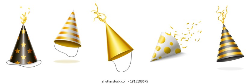 Sombreros de fiesta con rayas de oro y negro, puntos y estrellas para la celebración del cumpleaños. Conjunto vectorial realista de graciosos tapones de cabeza de cono con cintas doradas para las vacaciones y aislado festivo sobre fondo blanco
