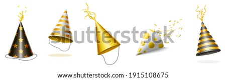 Party hats with gold and black stripes, dots and stars for birthday celebration. Vector realistic set of funny cone head caps with golden ribbons for holidays and festive isolated on white background Foto d'archivio © 